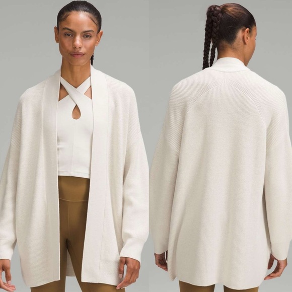 lululemon athletica Sweaters - Lululemon Merino Wool Ribbed Long Wrap Sweater Bone Neutral Size 2 Oversized Fit